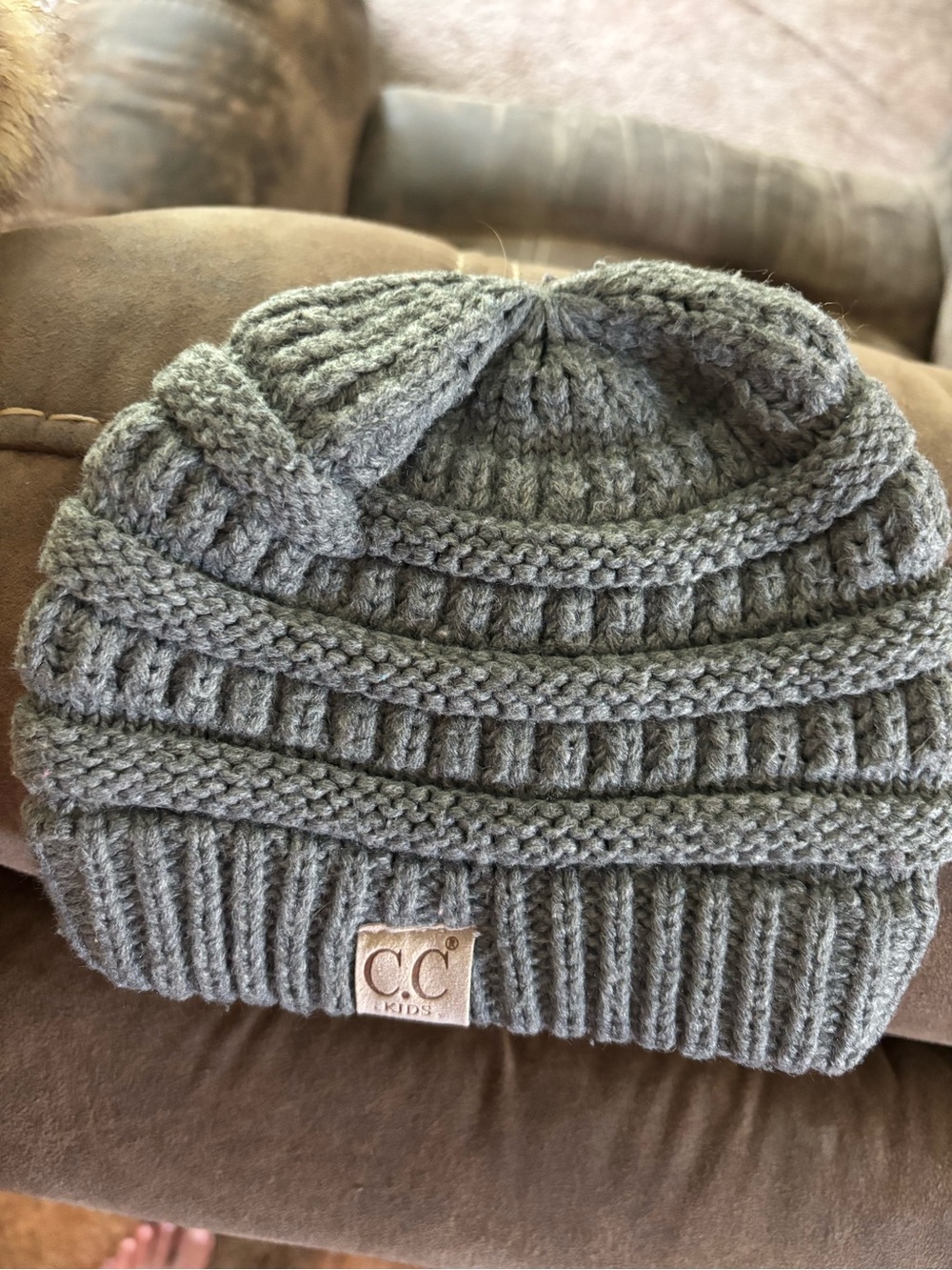 C.C Kids Olive Gray Knit Beanie Hat with Fold Cuff